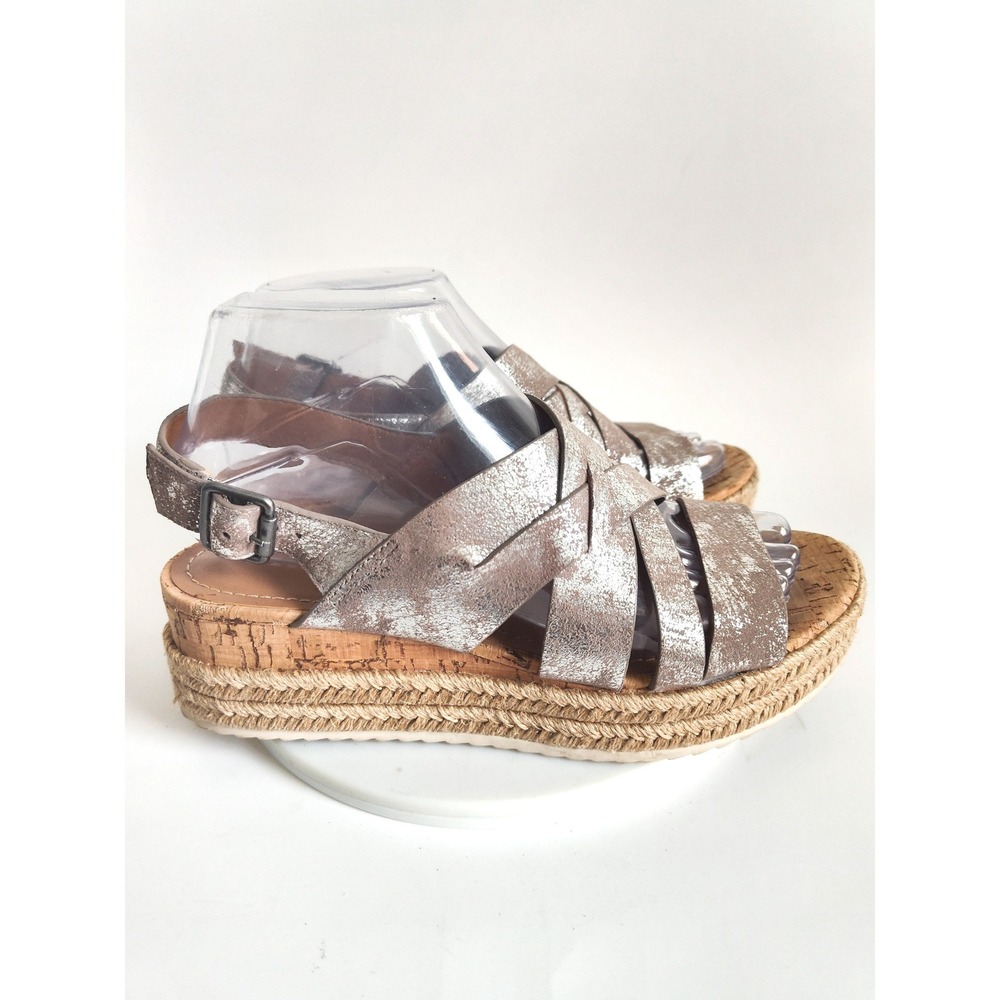 Trask Sandals 7.5 Espadrille Platform Metallic Silver Leather Strappy Boho Wedge